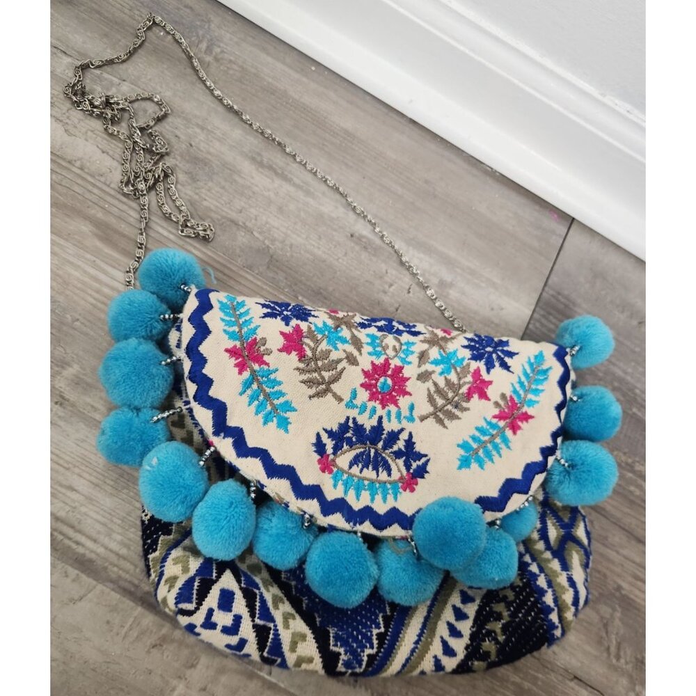 Paper Source Women's Boho Pink & Blue Silver Chain Crossbody Bag